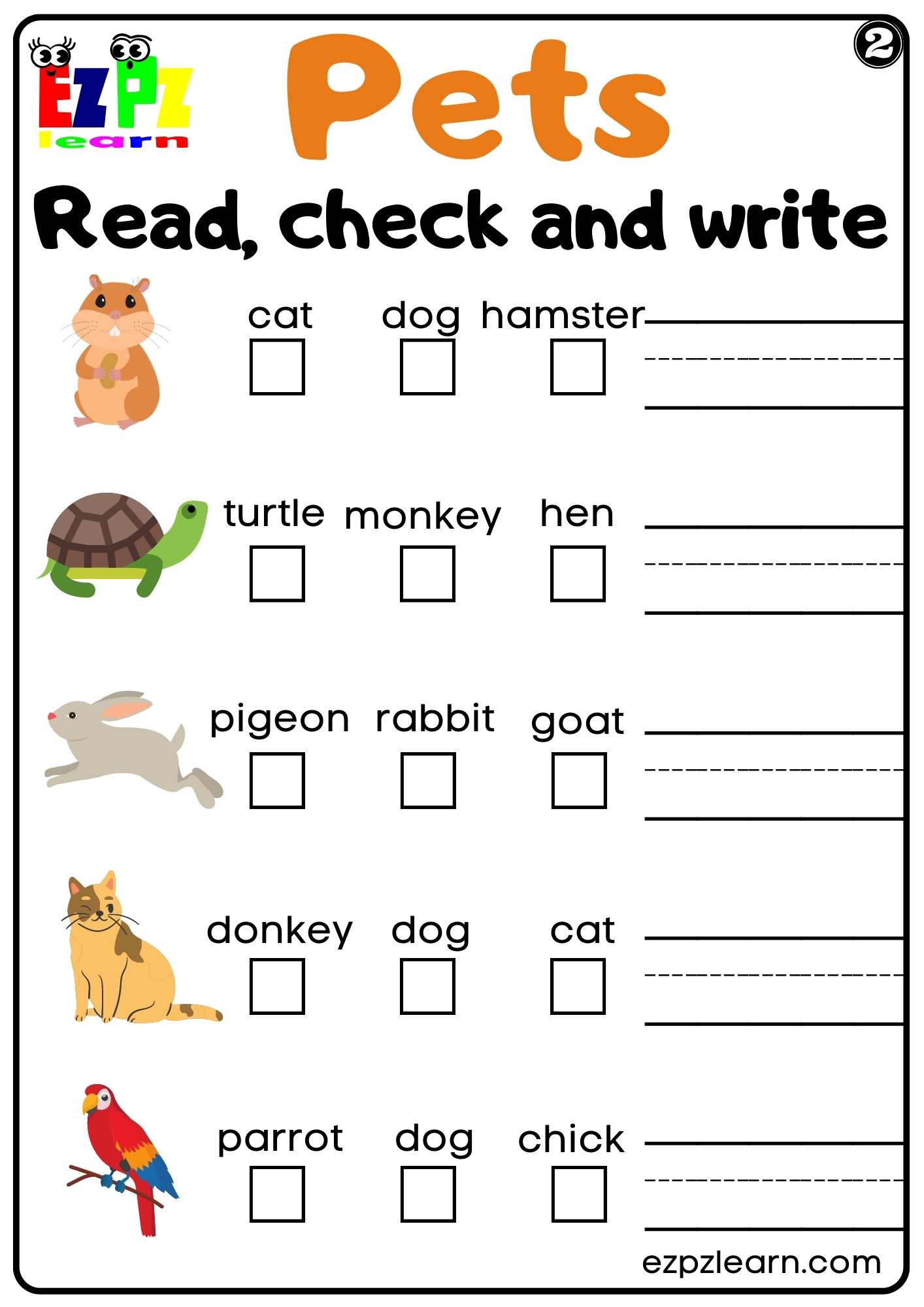 Pets Read Check and Write set 2 Worksheet For Kids and ESL PDF Download